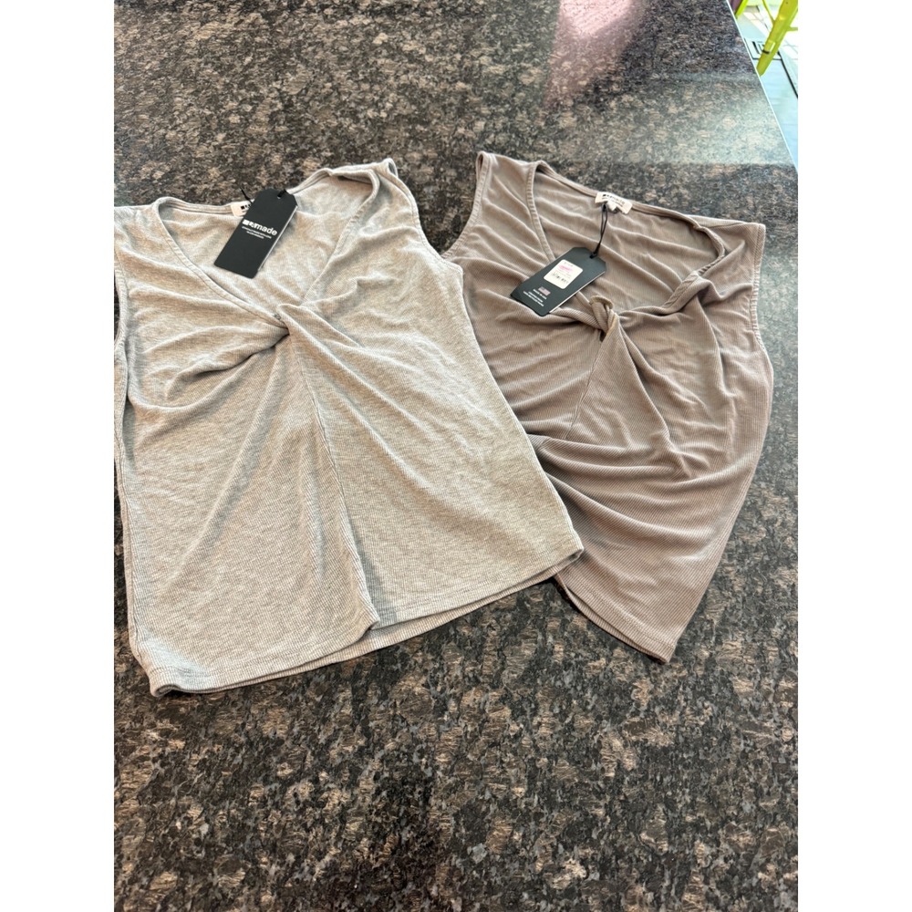 LAmade Tristen Twist Tank Top Bundle Heather Grey Taupe Ribbed V-Neck set 2 M